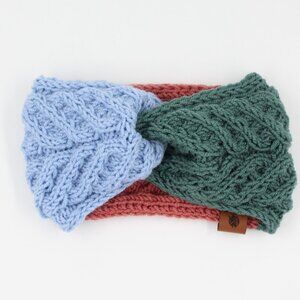 Handmade Hand Knit Superwash Merino Blue Green Pink Cable Knit Clay Ear Warmer